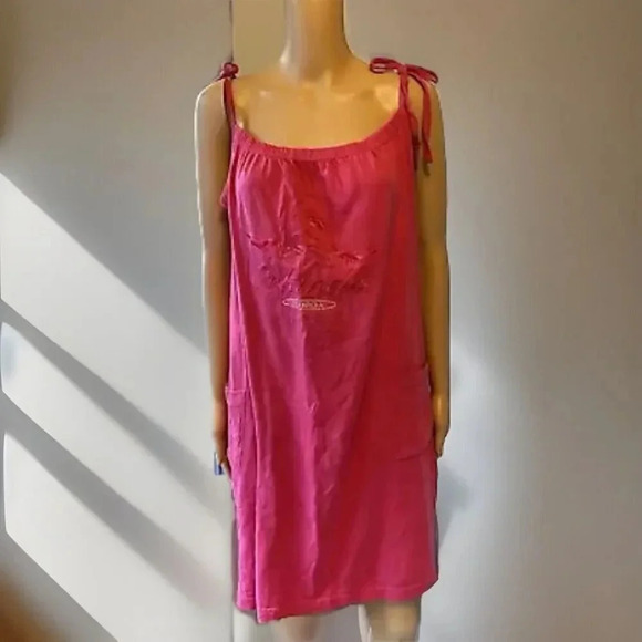 VTG A.J. Apparel Orlando Florida Hot Pink Tie Shoulder Midi Dress Beachy OSFM - Picture 1 of 10